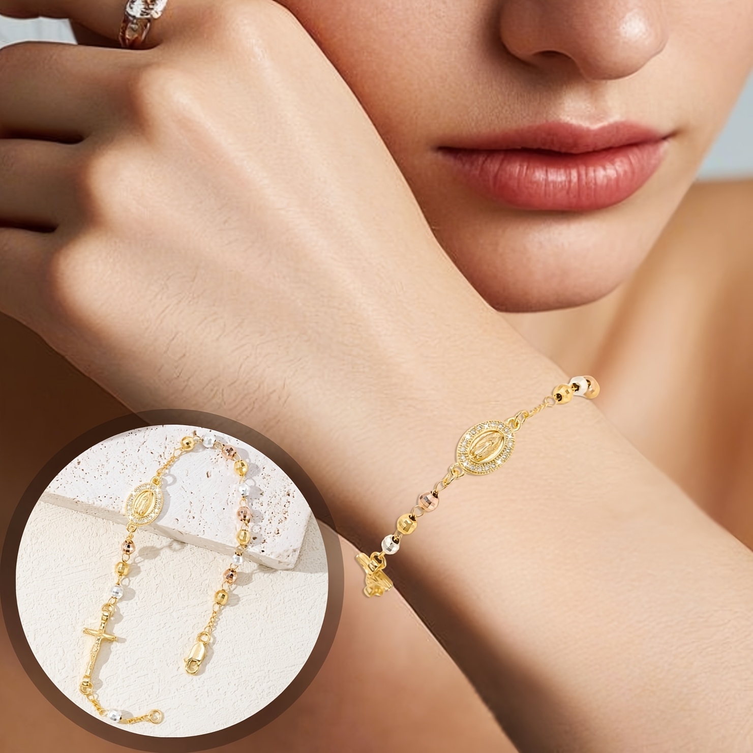 S925 Silver Virgin Mary Cross Rosary Bracelet